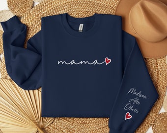 Custom Mama Sweatshirt, Kids Names on Sleeve, Personalized Gift for Mom, Childs Name Mom Sweater, Minimalist Momma Gift, Sleeve Print
