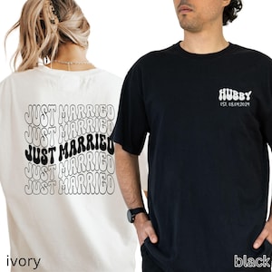 Just Married Comfort Colors Shirt, Custom Honeymoon Couples T-shirts, Mr and Mrs Wedding Shirts, Wedding Gift, Honeymoon Gift for Newlywed