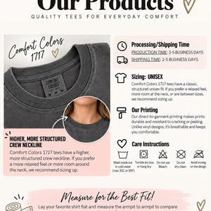 May include: A charcoal gray Comfort Colors 1717 t-shirt featuring a structured crew neckline and a neck label marked size M. The image includes text detailing product features, sizing, printing methods, care instructions, and a measuring guide.