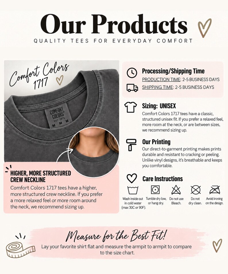 May include: A charcoal gray Comfort Colors 1717 t-shirt featuring a structured crew neckline and a neck label marked size M. The image includes text detailing product features, sizing, printing methods, care instructions, and a measuring guide.