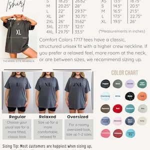 May include: A Comfort Colors size guide for t-shirts featuring a table of adult and youth measurements in inches, a color chart with various shades, and three examples of a grey t-shirt worn in size large, extra large, and double extra large.
