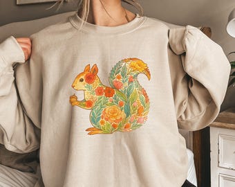 Floral Squirrel Sweatshirt, Squirrel Lover's Gift, Woodland Animal Sweater, Nature Lover Graphic Crewneck, Cute Forest Animal Hoodie