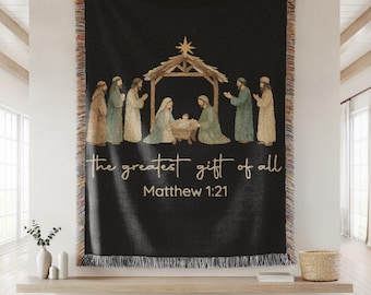 Christian Christmas Woven Blanket, X'mas Nativity Scene Throw, Jesus Holiday Home Decor, Bible Verse Religious Gift for Christian Family