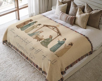 Christian Christmas Woven Blanket, X'mas Nativity Scene Throw, Jesus Holiday Home Decor, Bible Verse Religious Gift for Christian Family
