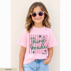 May include: A light pink short-sleeved t-shirt featuring a vertical striped pattern in a darker pink shade. The center graphic displays the dark green text "Third Grade" in a cursive font, accented by three small green stars and the name "Olivia".