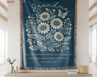 Personalized Grandma Woven Blanket, Floral Scripture Throw, Proverbs 31:25 Christian Gift, Mother's Day Faith Gift, Custom Bible Verse Throw