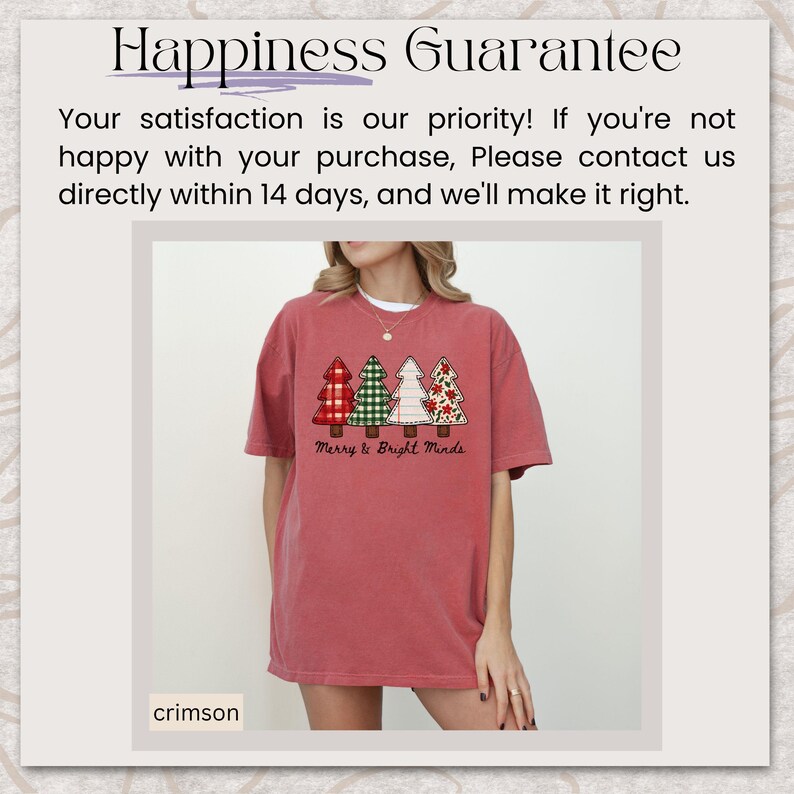 May include: Crimson-colored t-shirt featuring a graphic of four Christmas trees in red plaid, green gingham, white, and floral patterns. The text "Merry & Bright Minds" is below the trees. The shirt is part of a clothing collection.