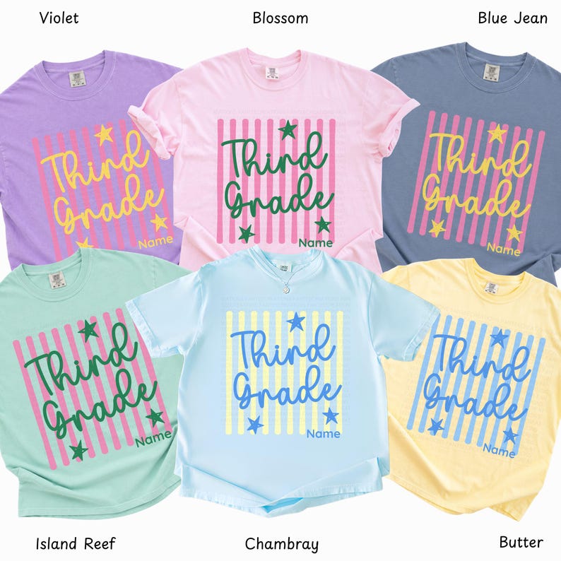 May include: A collection of six short-sleeved t-shirts in violet, blossom, blue jean, island reef, chambray, and butter colors. Each shirt features a vertical striped square graphic with the text Third Grade and Name, accented by stars.