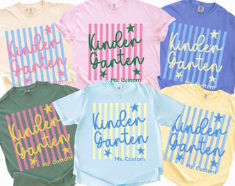 Custom Kindergarten Teacher Team Shirt Comfort Colors, Kinder Teacher Name Tee, Teacher Appreciation Gift, Back To School Teacher Shirt