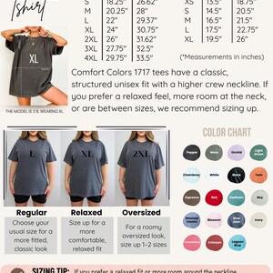 May include: A Comfort Colors size guide for t-shirts featuring a table with adult unisex CC1717 and youth CC9018 measurements in inches. It includes a color chart with various shades, fit comparisons for regular, relaxed, and oversized styles.
