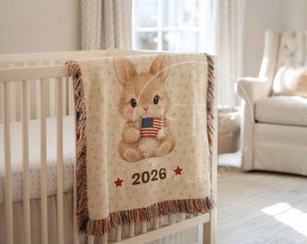 Personalized Baby Woven Blanket, Patriotic Bunny Nursery Throw, Custom Name Baby Shower Gift, First Fourth of July Baby Blanket