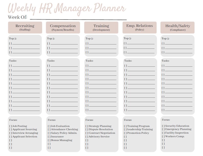 Weekly HR Manager Planner - Digital - Etsy