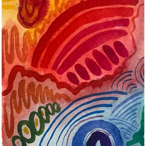 Puede incluir: Pintura abstracta en acuarela con una paleta de colores vibrantes. La obra presenta una mezcla de tonos cálidos y fríos, incluyendo rojos, naranjas, azules y verdes. La composición incluye líneas curvas, formas y patrones.