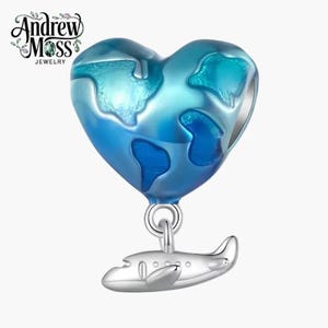 Blue Heart Airplane for Bracelet 925 Sterling Silver