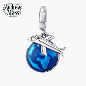 Travel the World Airplane Dangle Charm for Bracelet 925 Sterling Silver