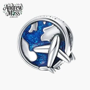 Blue Earth Plane Charm for Bracelet 925 Sterling Silver