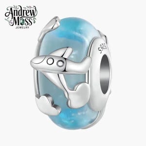 Blue Earth Airplane Bead Charm for Bracelet 925 Sterling Silver