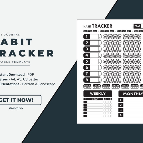 Printable Habit Tracker | Minimalistic Bullet Journal Aesthetic | Daily, Weekly, Monthly Habits | Set Your Resolutions | Plan your Habits