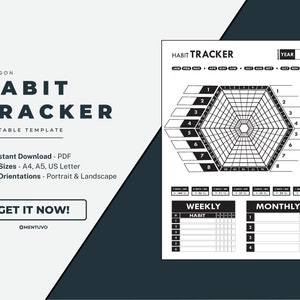 May include: A black and white printable habit tracker template. The design includes a hexagonal chart, weekly and monthly habit tracking sections, and the text "HABIT TRACKER". It is available in A4, A5, and US Letter sizes.