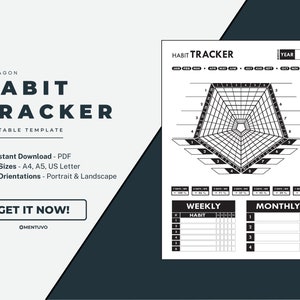 Printable Habit Tracker | Minimalistic Pentagon Aesthetic | Daily, Weekly, Monthly Habits | Set Your Resolutions | PDF File