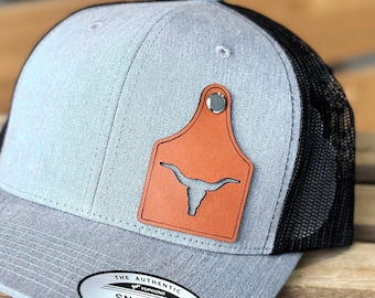 Longhorn Cattle Ear Tag Mesh Snapback Trucker Hat | Laser engraved leather patch hat, Texas longhorn laser engraved leather patch hat.