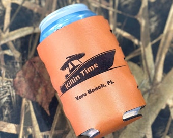 Custom Boat Can Cozy - Genuine Leather Drink Coolie, personalized with your boat name, great gift for boater, laser engraved custom text