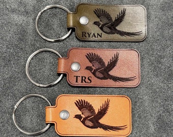 Handmade Pheasant Tag Leather Keychain | Custom Pheasant keychain with your name or initials | Personalized leather keychain Upland Hunting.