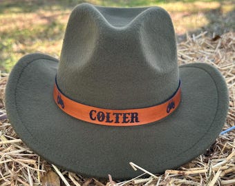 Tractor Kids Cowboy Hat with Personalized Genuine Leather Custom Band, Custom name with Tractor Youth Fit