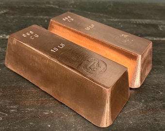 10 lb .999 Copper Bar, Hand poured fine .999 copper bullion
