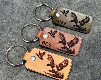 Handmade Duck Tag Leather Keychain | Custom Mallard keychain with your name or initials | Personalized leather keychain for duck hunters.