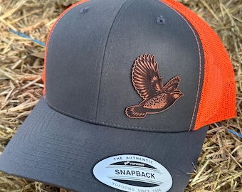 Flying Quail Adjustable Mesh Snapback Trucker Hat | Upland Hunting, laser engraved Quail leather patch hat, hand sewn