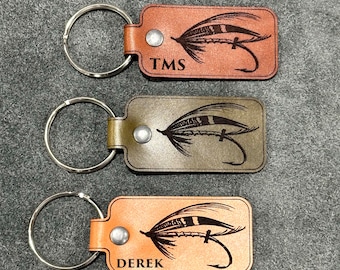 Handmade Fly Fishing Leather Keychain | Custom Fly keychain with your name or initials | Personalized leather keychain for Fisherman.
