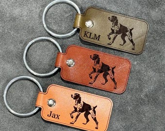 Handmade German Shorthair Pointer Tag Leather Keychain | Custom GSP bird dog keychain with your name or monogram, perfect gift for hunters