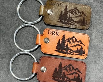 Handmade Trees and Mountain Tag Leather Keychain | Custom keychain with your name or initials