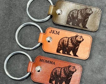 Handmade Bear Tag Leather Keychain | Custom grizzly keychain with your name or initials