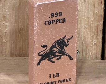 1 lb .999 Copper Bar | Charging Bull Hand poured fine .999 copper bullion