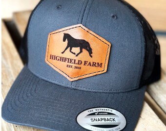 Custom Horse Farm Richardson 112 SnapBack Hat | Trotting Horse, personalized horse Farm name, custom laser engraved Leather Patch hat