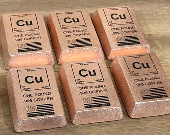 6 lb .999 Hand Poured Copper Bullion | Set of Six 1lb Element Design fine .999 copper bars
