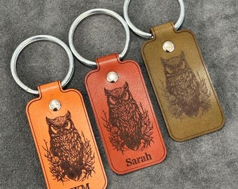 Great Horned Owl Tag Leather Keychain | Handmade custom keychain with your name or initials