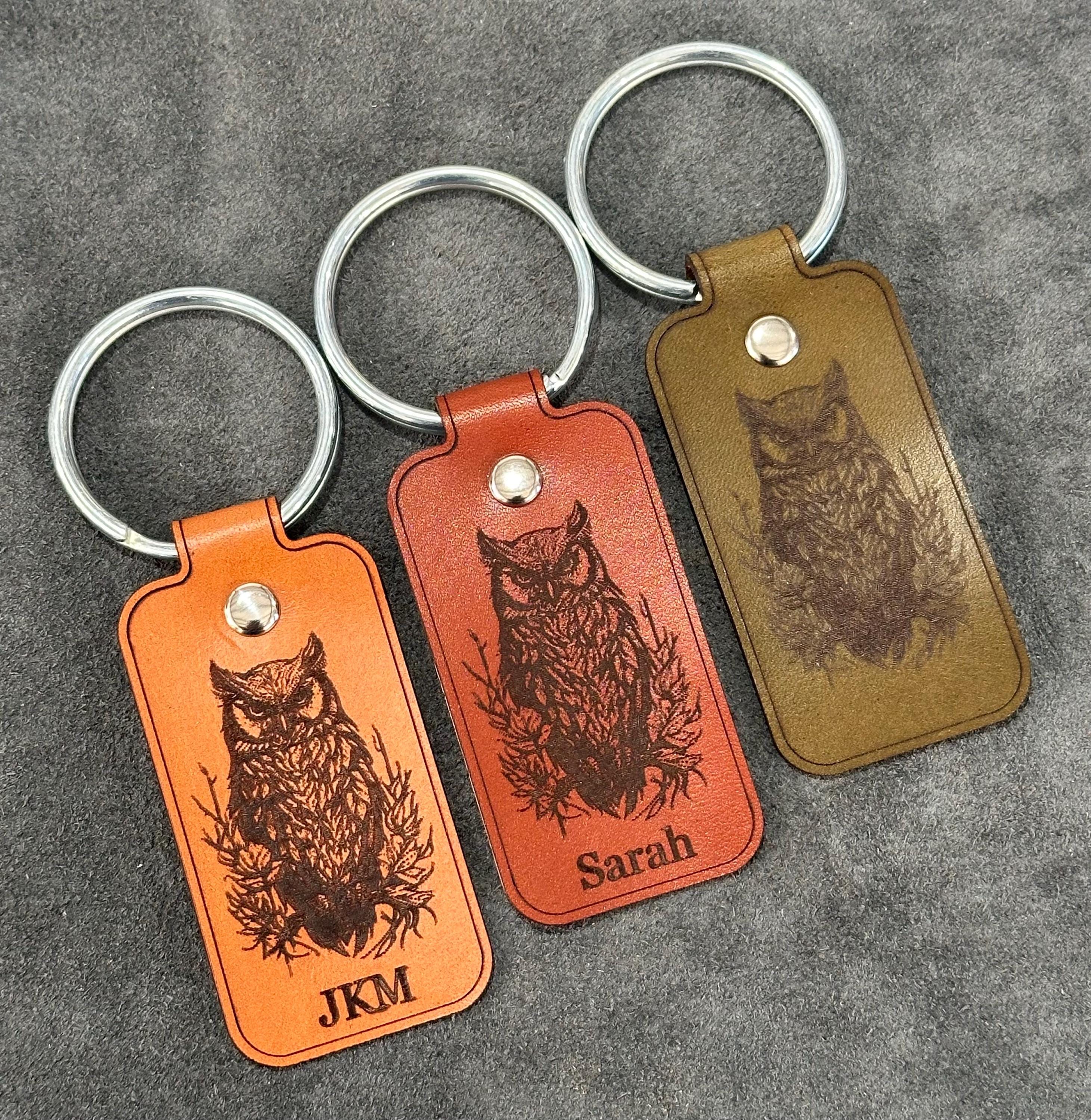 Great Horned Owl Tag Leather Keychain | Handmade custom keychain with your name or initials