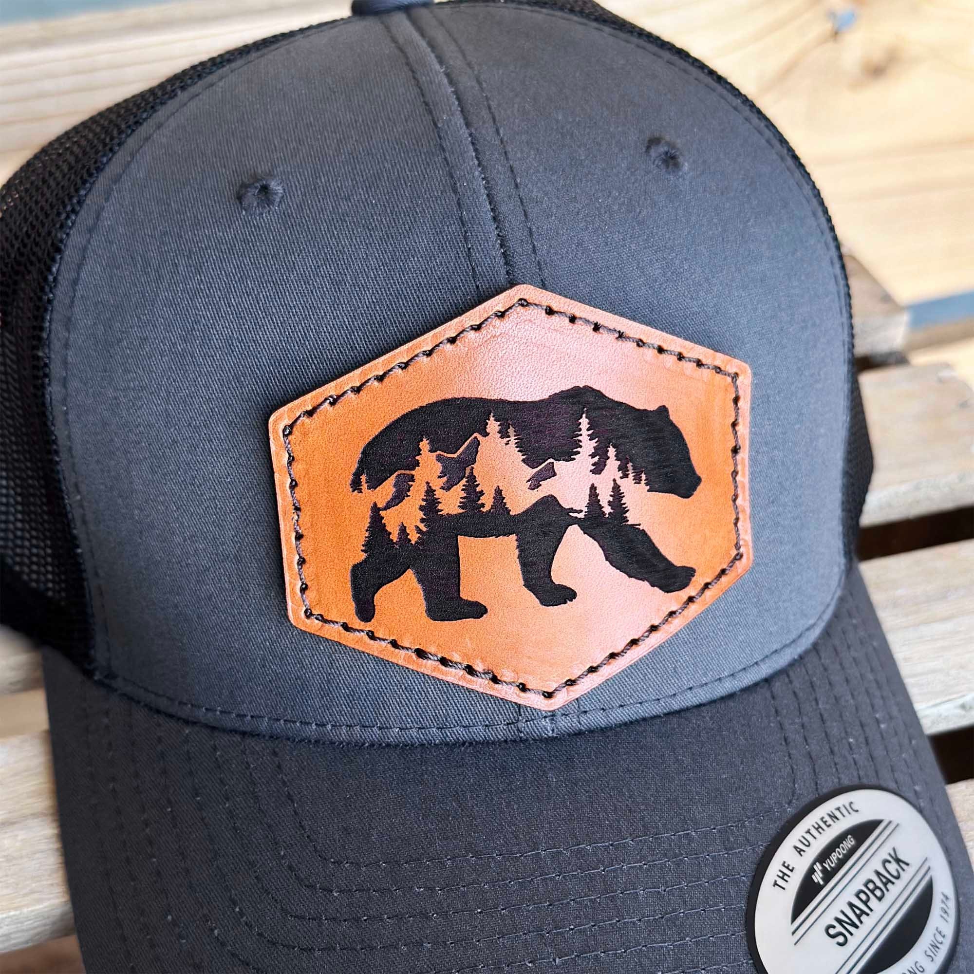 Bear and Mountains Adjustable Snapback Trucker Hat Laser Engraved Leather  Patch Hat, Black Bear, Grizzly Bear, Hat for Outdoorsmen - Etsy