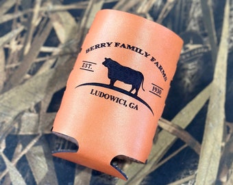 Custom Cattle Can Kozy - Genuine Leather Drink Coolie, personalized laser engraved farm name for cattle and cow farmers