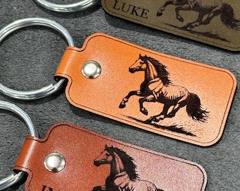Handmade Horse Tag Leather Keychain | Custom galloping horse keychain with your name or initials