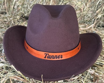 Personalized Kids Cowboy Hat Genuine Leather Custom Band, Script Font Custom Name with Arrow in Youth size