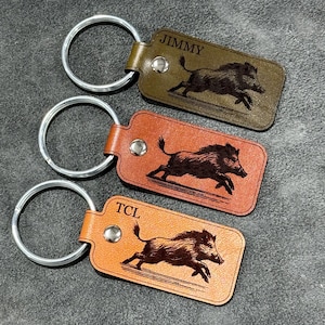 Handmade Boar Tag Leather Keychain | Custom hog hunting keychain with your name or initials