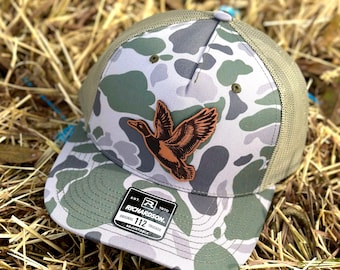 Duck Hunting Mesh Snapback Camo Trucker Hat | Laser engraved leather patch hat, Flying Mallard Duck on Richardson 112 camo hat, real leather