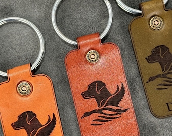 Handmade Labrador Dog with Duck Tag Leather Keychain | Custom bird hunting keychain with your name | Personalized leather keychain