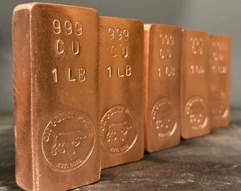 5lb .999 Hand Poured Copper Bullion | Set of Five 1lb On Point Forge engraved fine .999 copper bars