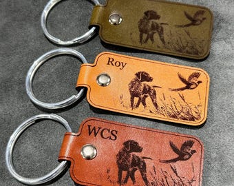 Handmade GSP with Pheasant Tag Leather Keychain | Custom pointer bird dog keychain with your name | Personalized leather keychain for hunter