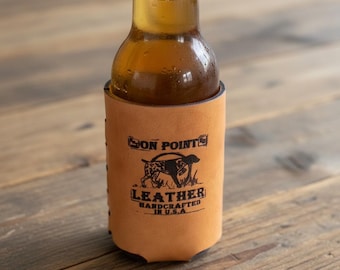 On Point Forge Beer Can Coolie - Genuine Leather Drink Coolie, laser engraved genuine leather can koozie, GSP, hunting dogs, bird dog